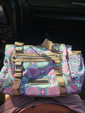 Lily Bloom Pink Floral Canvas Tote with Tan Trim
